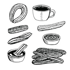 Spanish dessert churros, vector illustration, hand drawing sketch
