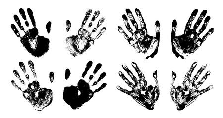 Hand print set. Print of a human hand. Palm imprint. Black color. Vector grunge illustration.