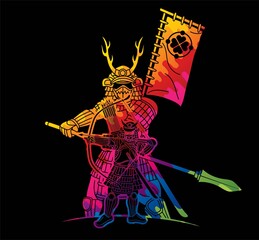 Group of Samurai Japanese Warrior Ronin with Weapons Action Cartoon Graphic Vector