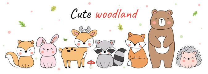 Draw vector illustration banner design cute woodland animals Doodle cartoon style © anchalee