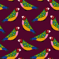 Obraz premium Abstract Hand Drawing Colorful Tropical Exotic Parrots Birds Seamless Pattern Isolated Background