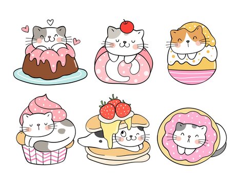 Draw collection cat dessert with sweet color