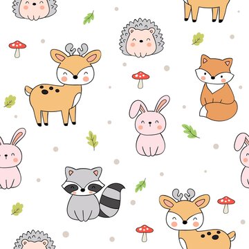 Draw seamless pattern woodland animal Printable for kids