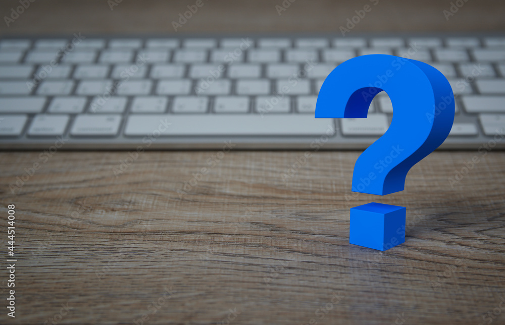 Poster question mark 3d icon on wooden table with modern computer keyboard, business customer service and s