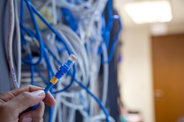 Close-up hand choose RJ45 head of UTP LAN network cable and Lots of Ethernet cables background for...