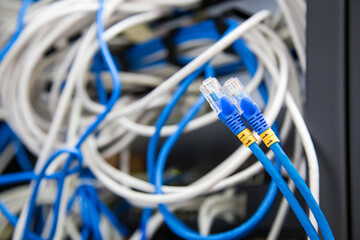 Close-up RJ45 head of UTP LAN network cable and Lots of Ethernet cables background for connect...