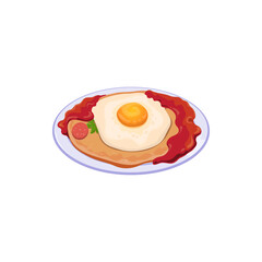 Fried egg on corn tortilla huevos rancheros on plate isolated mexican cuisine food. Vector breakfast dish consisting of eggs served in raditional large mid-morning fare with tomato-chili sauce