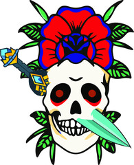 Vector Tattoo Skull with sword and rose on white Background