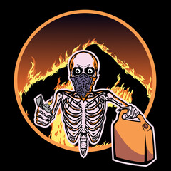 Skull burning house badge illustration