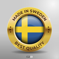 Made in Sweden Label, Logo, Stamp Best Quality Round Flag of Nation with 3D Elegant Gold Glossy Effect