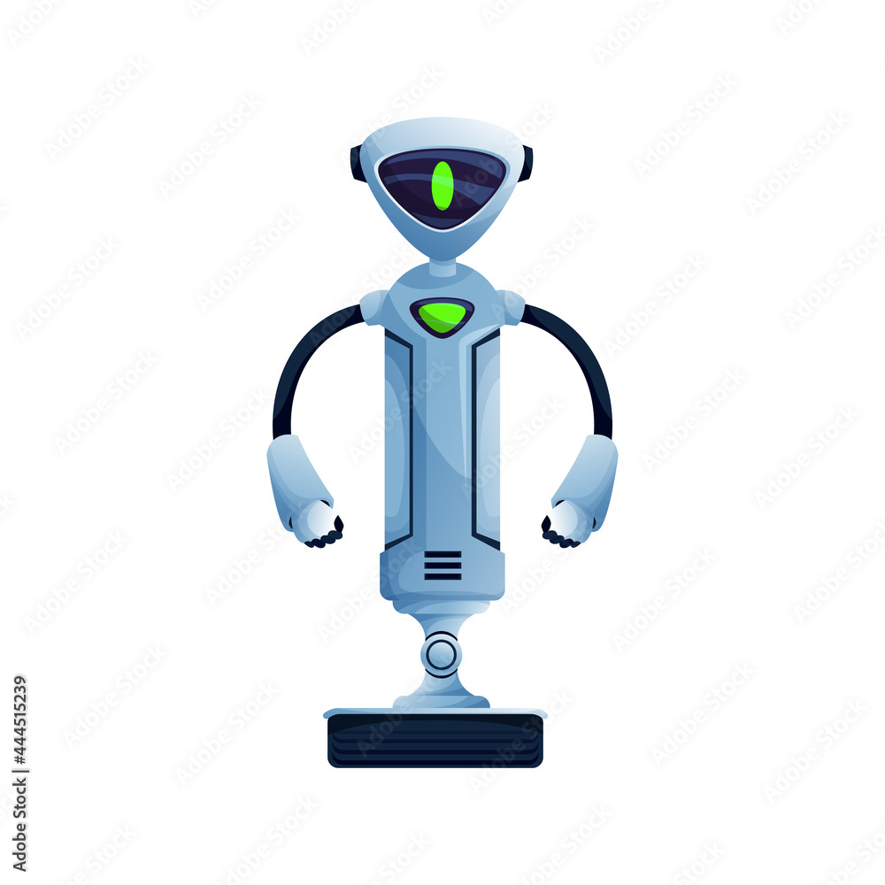 Poster future android robot on moving stand with two hands and turn on display on face isolated. vector kid