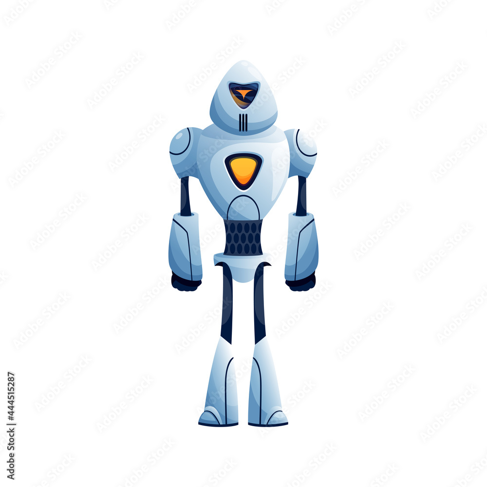 Poster Sci-fi droid isolated robot cyberpunk with arms and legs. Vector kids toy, artificial automated android modern technologies character. Robot hi tech technologies innovations machine helper