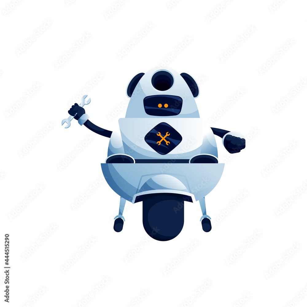 Poster maintaining and fixing robot with wrench spanner on one wheel isolated robot hi-tech character. vect