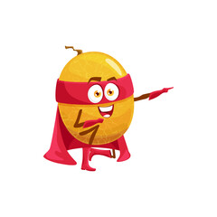 Fototapeta premium Melon superhero fruit cartoon character, vector food in super hero costume and mask. Happy melon fruit with energy power in magic cape, organic natural food superpower