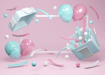 3D Rendering concept of gender reveal, baby shower, birthday party. Blue, pink pastel balloons and confetti floating from gift box with empty space for on pink background. 3D Render. 3D illustration. 