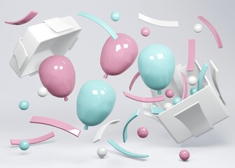 3D Rendering concept of gender reveal, baby shower, birthday party, wedding. Realistic blue and pink pastel balloons and confetti floating from gift box on white background.3D Render.3D illustration. 