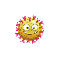 Cartoon rotavirus cell vector icon, funny virus, bacteria or germ character happy face. Smiling pathogen microbe monster with big eyes, isolated yellow round cell with teeth and pimples
