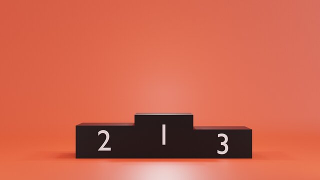 3D Rendering. Winning Platform. Stage podium with lighting, Stage Podium Scene with for Award Ceremony on orange  background.