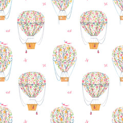 Beautiful vector seamless pattern with cute watercolor hand drawn air baloons with gentle flowers. Stock illustration.