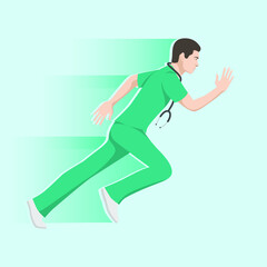 Fototapeta na wymiar Emergency care concept. Doctor running to help his patients. Handsome male doctor surgeon in uniform with stethoscope. Emergency medical services flat vector illustration.