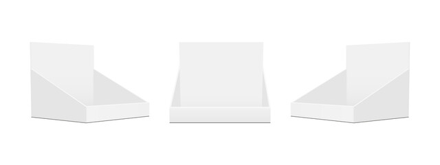 Set of Cardboard Counter Display Boxes Mockups with Front and Side Views, Isolated on White Background. Vector illustration