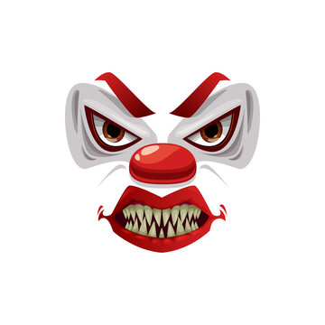 Scary clown face vector icon, funster grin mask with creepy makeup, red nose, angry eyes and open mouth with sharp teeth. Halloween character emoticon, isolated horror creature emoji