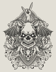 illustration demon skull head with antique engraving ornament