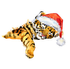 Cute tiger watercolor illustration. Year of the Tiger card. © Елена Фаенкова