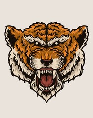 Illustration scary tiger head on white background