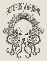 illustration octopus warriors with mandala monochrome style