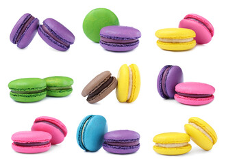 Set with different delicious macarons on white background