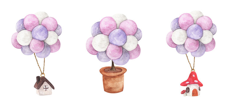 Set of House hanging with colorful balloon and tree in pot. Watercolor illustrations.