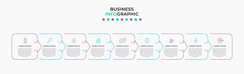 Vector Infographic design illustration business template with icons and 9 options or steps. Can be used for process diagram, presentations, workflow layout, banner, flow chart, info graph
