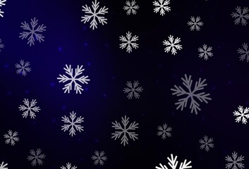 Dark BLUE vector texture with colored snowflakes, stars.