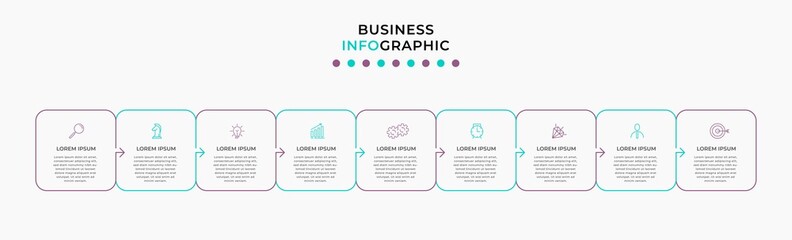 Vector Infographic design illustration business template with icons and 9 options or steps. Can be used for process diagram, presentations, workflow layout, banner, flow chart, info graph