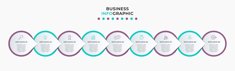 Vector Infographic design illustration business template with icons and 9 options or steps. Can be used for process diagram, presentations, workflow layout, banner, flow chart, info graph