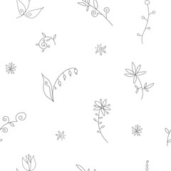 Seamless hand-drawn vector pattern, simple line decorative fantasy flowers, outlines. Dark Grey lines on white background. For card, textile, wallpaper design, invitation.