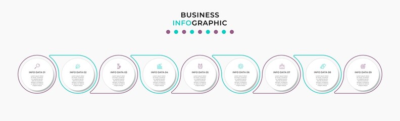 Vector Infographic design illustration business template with icons and 9 options or steps. Can be used for process diagram, presentations, workflow layout, banner, flow chart, info graph