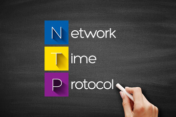 NTP - Network Time Protocol acronym, technology concept background on blackboard