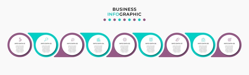 Vector Infographic design illustration business template with icons and 9 options or steps. Can be used for process diagram, presentations, workflow layout, banner, flow chart, info graph