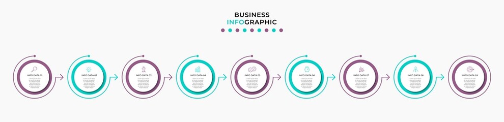 Vector Infographic design illustration business template with icons and 9 options or steps. Can be used for process diagram, presentations, workflow layout, banner, flow chart, info graph