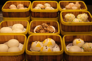 various traditional Chinese dim sum in steamer background