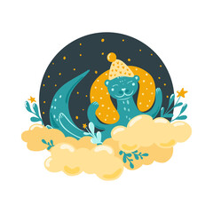 A cute otter sleeps on a cloud. Childrens illustration in the Scandinavian style. Bedroom decor. Vector