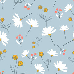 Obraz premium Seamless pattern with daisies on blue background vector. Cute floral print.