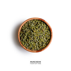 Dry green mung bean seeds in a wooden bowl, Food ingredients in Asian cuisine