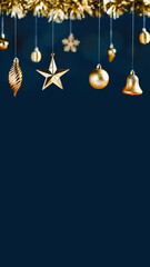 merry Christmas decoration golden star bell bauble and tinsel on navy luxury blue vertical...