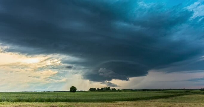 Time lapse of tornado warned supercell storm rolling through the fields in Lithuania, giant rotating wall cloud