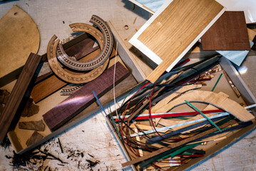 Workshop of lutherie, making guitar. No people