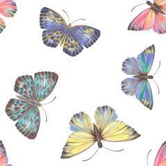 Butterflies bright seamless pattern on a white background. Colorful butterflies painted by watercolor. Botanical pattern, multi-colored wings, for design, scrapbooking, print, postcards, wallpaper.