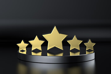 golden five stars on stage with black background - obrazy, fototapety, plakaty
